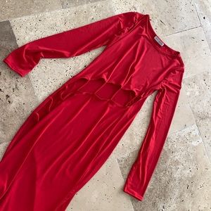 Red stretchy evening dress with body slits
